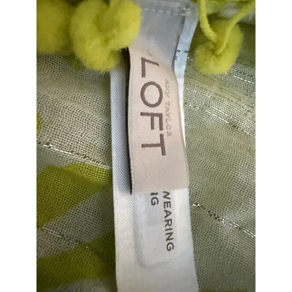 NEW LOFT Lime Green White Pom Pom Infinity Scarf Cotton Blend Metallic Shimmer